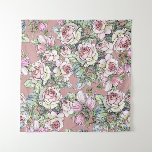Watercolor Garden Rose Tulip Elegance Tapestry