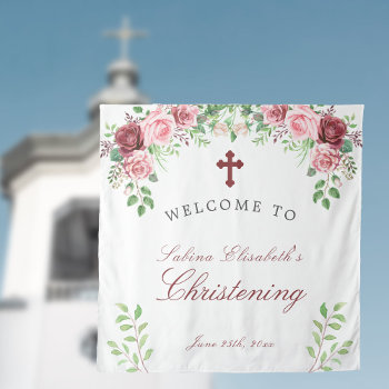 Watercolor Garden Roses Christening Welcome Sign Tapestry by invitations_kits at Zazzle