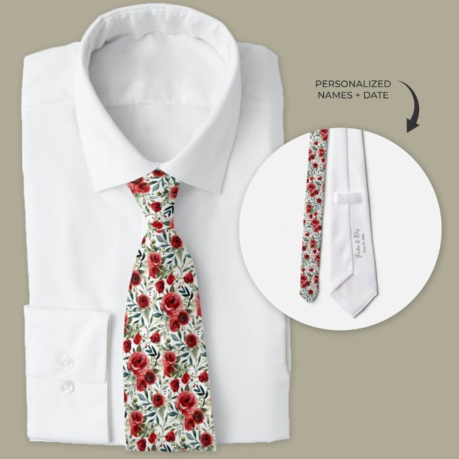Watercolor Garden Roses Groomsmen Neck Tie (Personalized watercolor neckties with red rose wedding theme.)