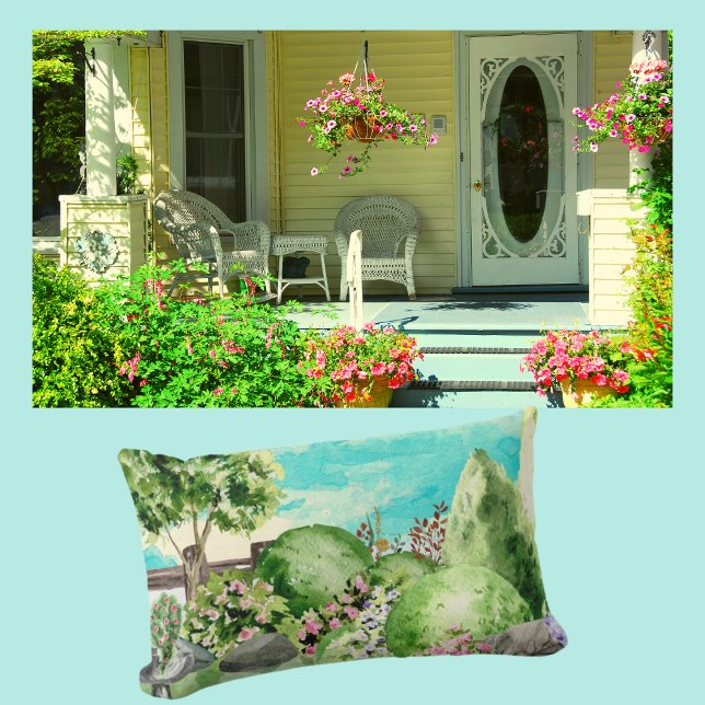 Watercolor Garden Scene  Lumbar Pillow (Creator Uploaded)