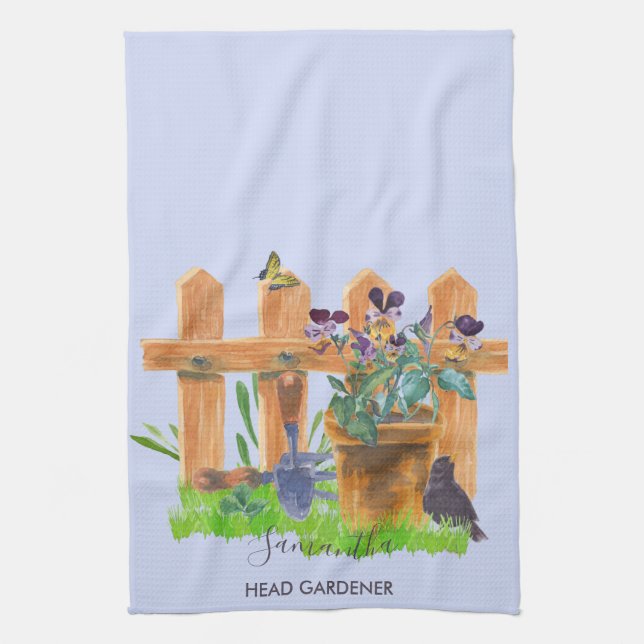 Watercolor Garden Scene Personalized Head Gardener Kitchen Towel (Vertical)