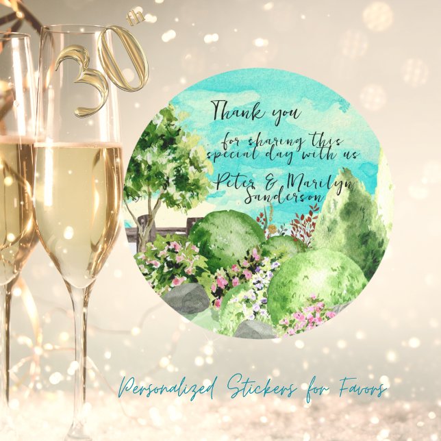 Watercolor Garden Scene Thankyou Personalized  Classic Round Sticker (Creator Uploaded)