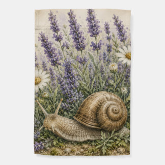 Watercolor Garden Snail Among Blooming Lavender Flag