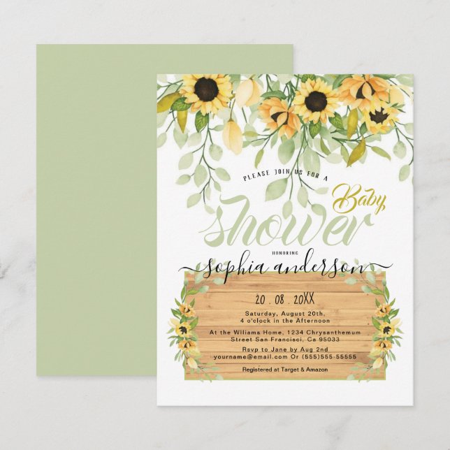 Watercolor Garden Sunflowers & Wood Baby shower Invitation (Front/Back)