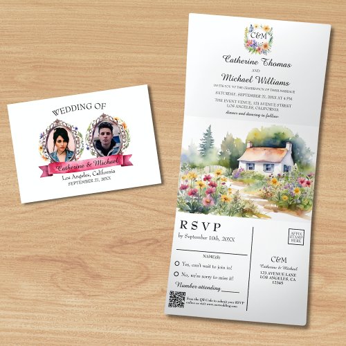 Watercolor Garden Wildflower Spring Wedding QRCode Tri_Fold Invitation