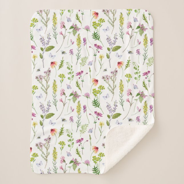 Watercolor Garden Wildflowers Flower Gardening Sherpa Blanket (Front)