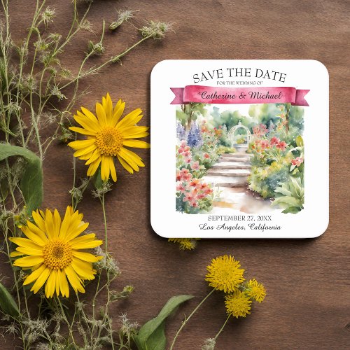 Watercolor Garden Wildflowers Spring Save The Date Square Paper Coaster