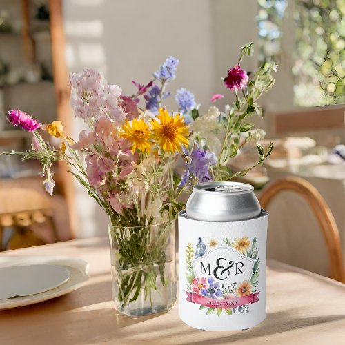 Watercolor Garden Wildflowers Wedding Monogram Can Cooler