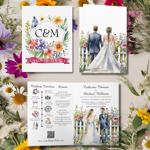 Watercolor Garden Wildflowers Wedding QR Code Invitation