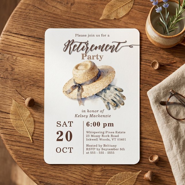 Watercolor Gardening Hat Gloves Retirement Party Invitation (Creator Uploaded)