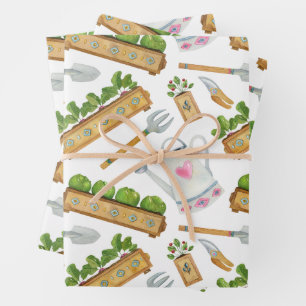Watercolor Gardening Tools, Plants, Watering Can  Wrapping Paper Sheets