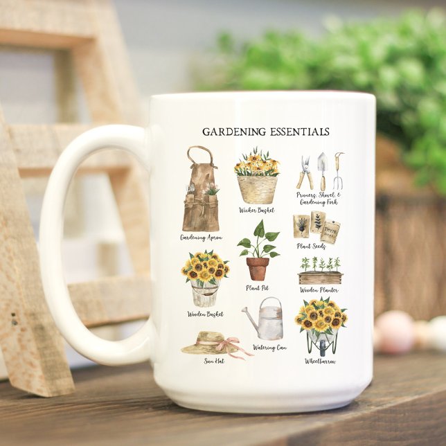Watercolor Gardening Tools Sunflower Garden Coffee Mug (In situ)