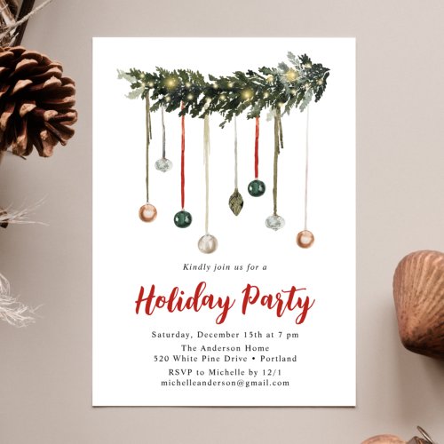 Watercolor Garland and Ornaments Holiday Party Invitation