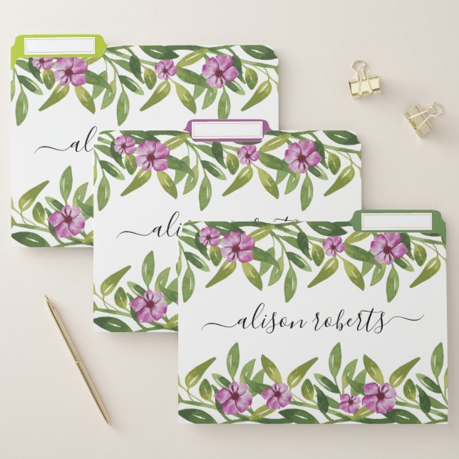 Watercolor garland, cursive script calligraphy file folder (Set)