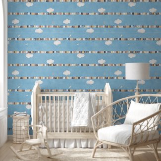 Watercolor Garland Flags Clouds Sky Blue Nursery