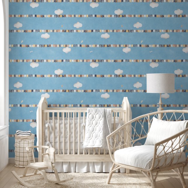 Watercolor Garland Flags Clouds Sky Blue Nursery Wallpaper (Kids)