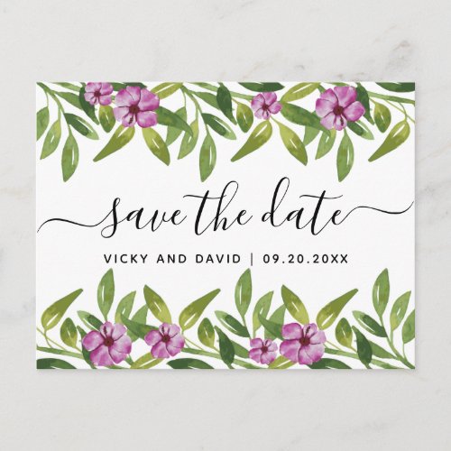 Watercolor garland floral wedding Save the Date Postcard