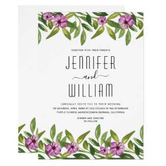 Watercolor garland purple floral spring wedding invitation