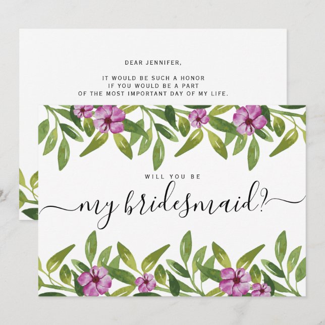 Watercolor garland will you be my bridesmaid invitation (Front/Back)