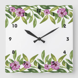 Watercolor garland with greenery & purple flowers square wall clock