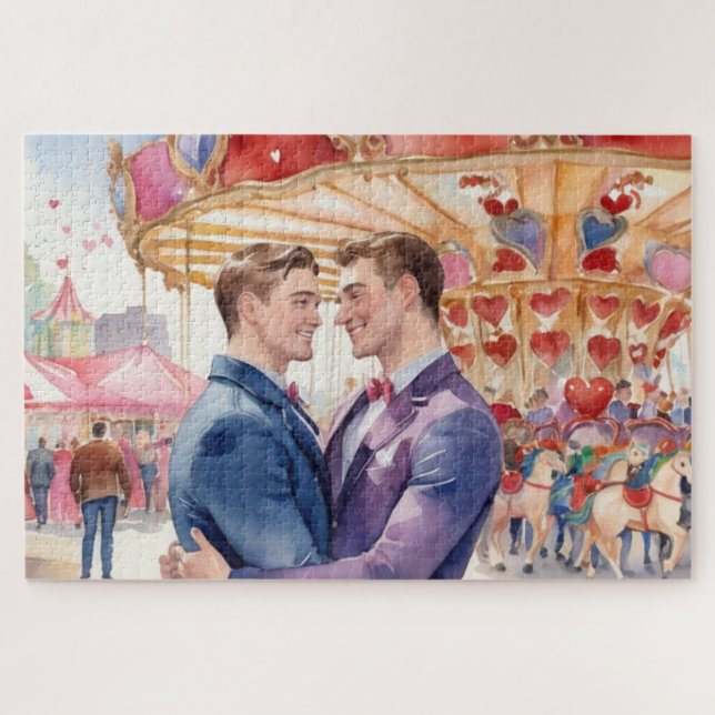 Watercolor Gay Men Couple in Love Jigsaw Puzzle (Horizontal)