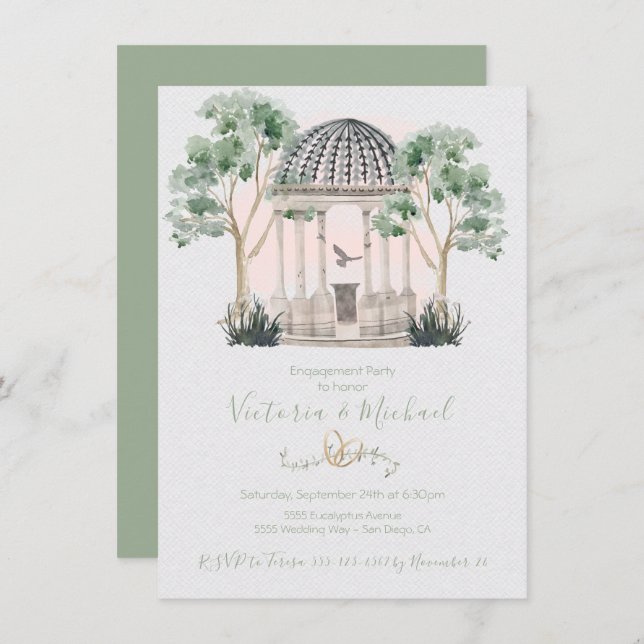 Watercolor gazebo with eucalyptus trees invitation (Front/Back)