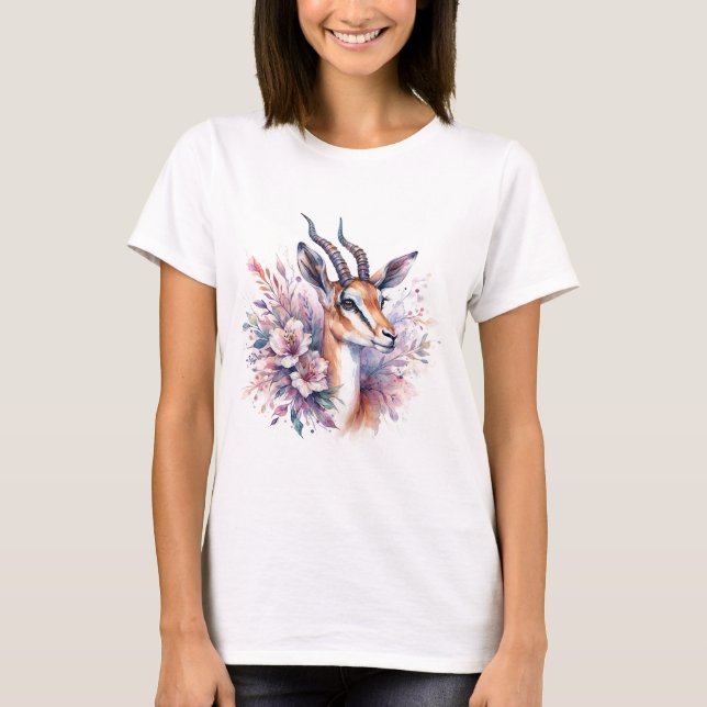 Watercolor Gazelle with Floral Accents T-Shirt (Front)