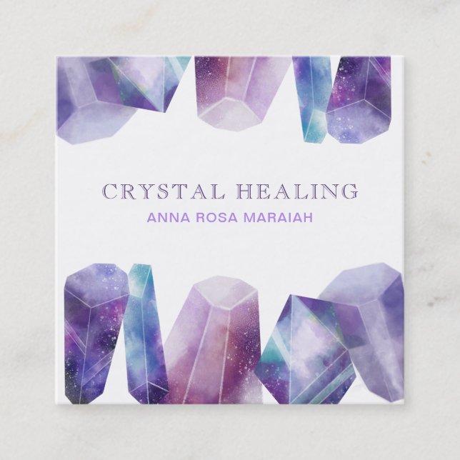 * Watercolor Gem Cosmos Gemstone Universe Crystals Square Business Card (Front)