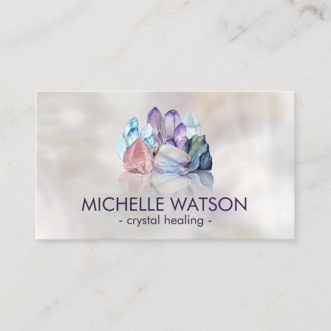 Watercolor gemstones - crystals on pearl business card (Front)