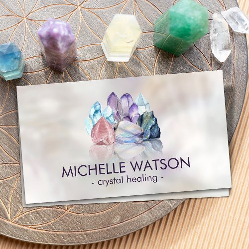 Watercolor gemstones _ crystals on pearl business card