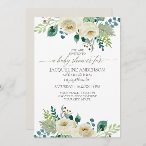 Watercolor Gender Neutral Baby Shower White Floral Invitation