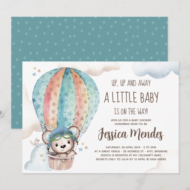Watercolor Gender Neutral Teddy Bear Baby Shower Invitation (Front/Back)