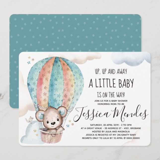 Watercolor Gender Neutral Teddy Bear Baby Shower Invitation (Front/Back)