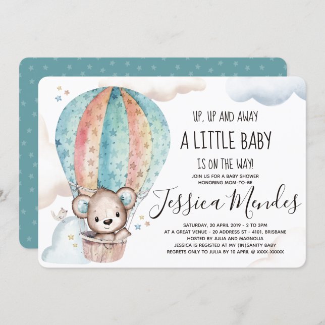 Watercolor Gender Neutral Teddy Bear Baby Shower Invitation (Front/Back)