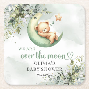 Watercolor gender neutral teddy bear over the moon square paper coaster