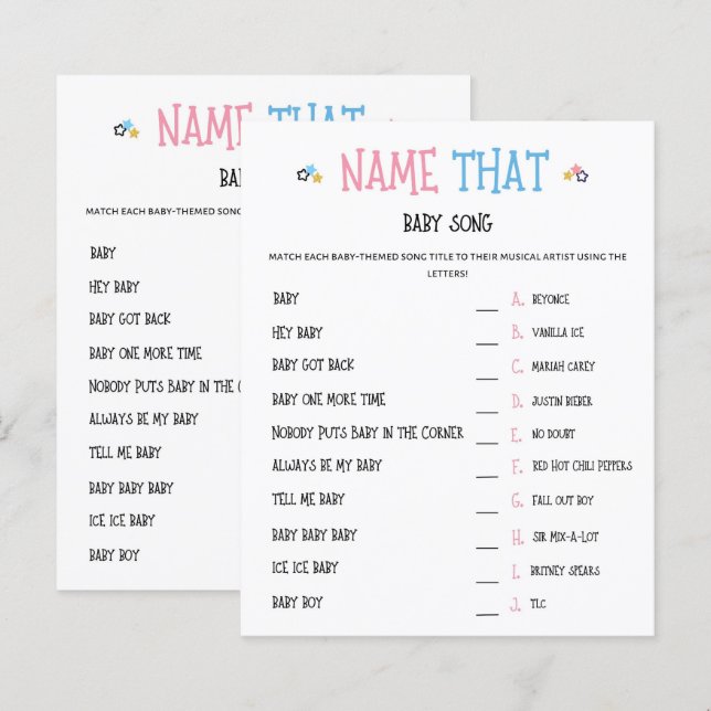Watercolor Gender Reveal Name That Baby Song Game (Front/Back)