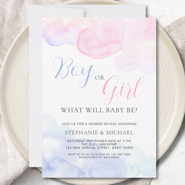 Watercolor Gender Reveal Party Boy Or Girl Invitation (Creator Uploaded)