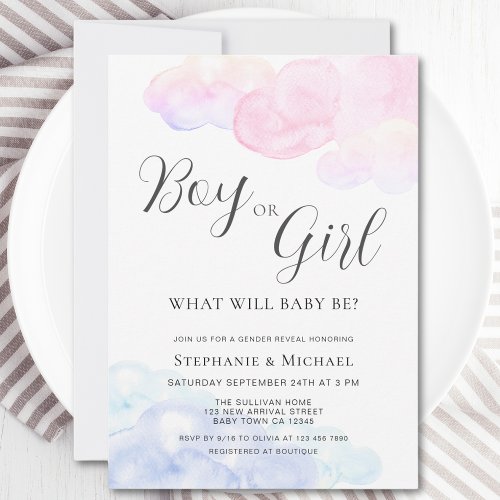 Watercolor Gender Reveal Party Boy or Girl  Invitation