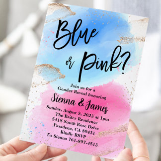 Watercolor Gender Reveal, Pink Or Blue, Glitter Invitation