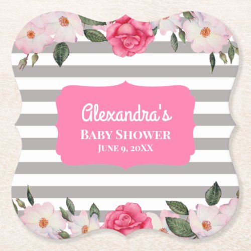 Watercolor Gentle Pink White Roses Baby Shower Paper Coaster