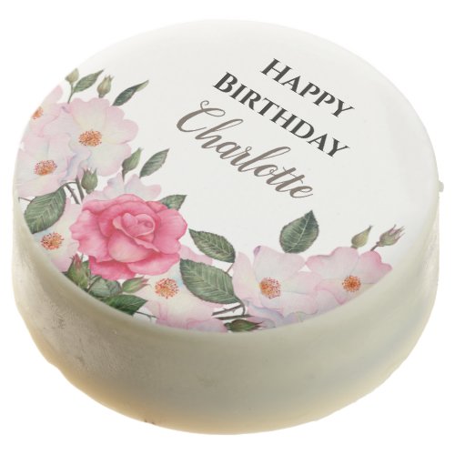 Watercolor Gentle Pink White Roses Birthday Chocolate Covered Oreo