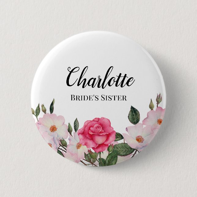 Watercolor Gentle Pink White Roses Birthday Edible Button (Front)