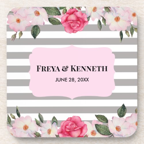 Watercolor Gentle Pink White Roses Floral Wedding Beverage Coaster