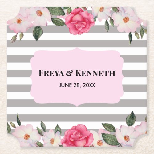 Watercolor Gentle Pink White Roses Floral Wedding Paper Coaster