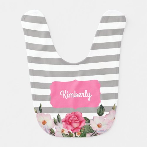 Watercolor Gentle Pink White Roses Gray Stripes Baby Bib