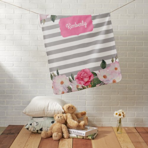Watercolor Gentle Pink White Roses Gray Stripes Baby Blanket