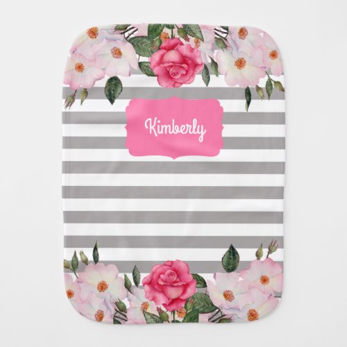 Watercolor Gentle Pink White Roses Gray Stripes Baby Burp Cloth