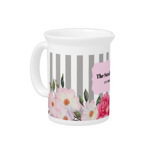 Watercolor Gentle Pink White Roses Gray Stripes Beverage Pitcher