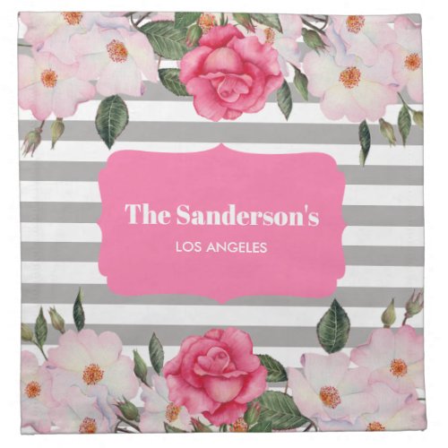 Watercolor Gentle Pink White Roses Gray Stripes Cloth Napkin