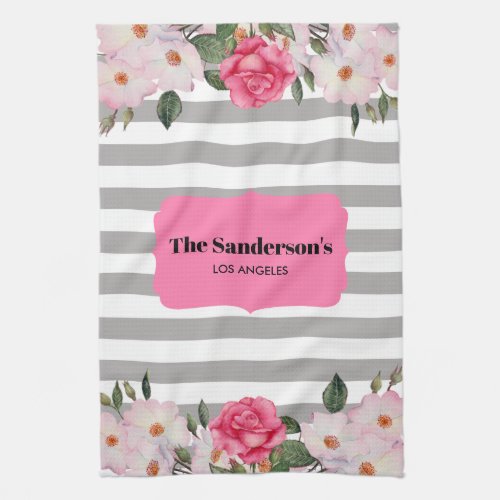 Watercolor Gentle Pink White Roses Gray Stripes Kitchen Towel